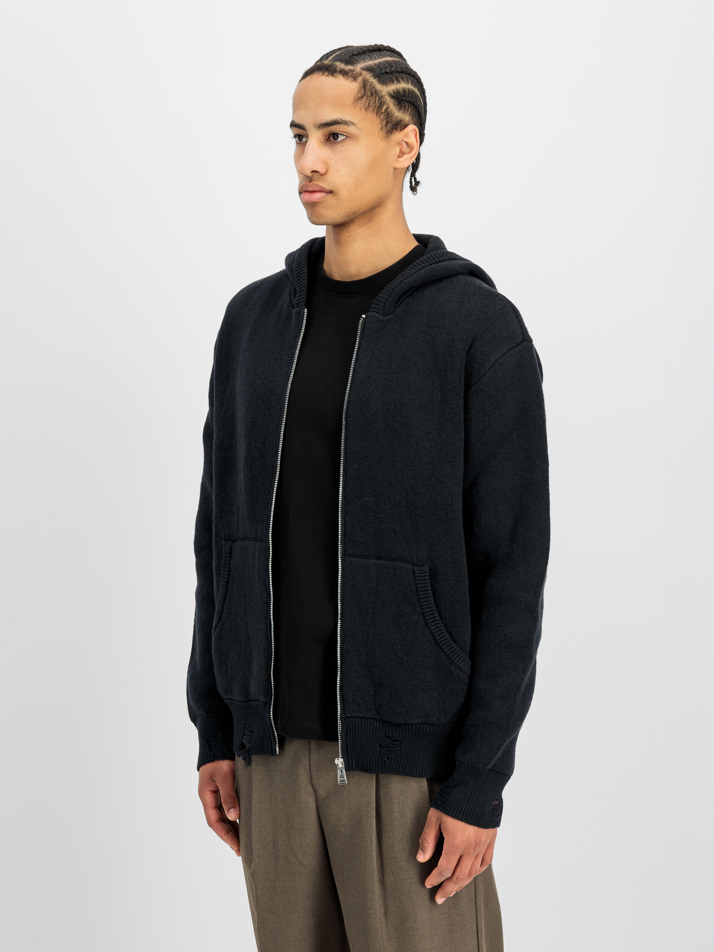 Distressed Knit Hooded Jacket black 268404_03_2_model_00002_236360