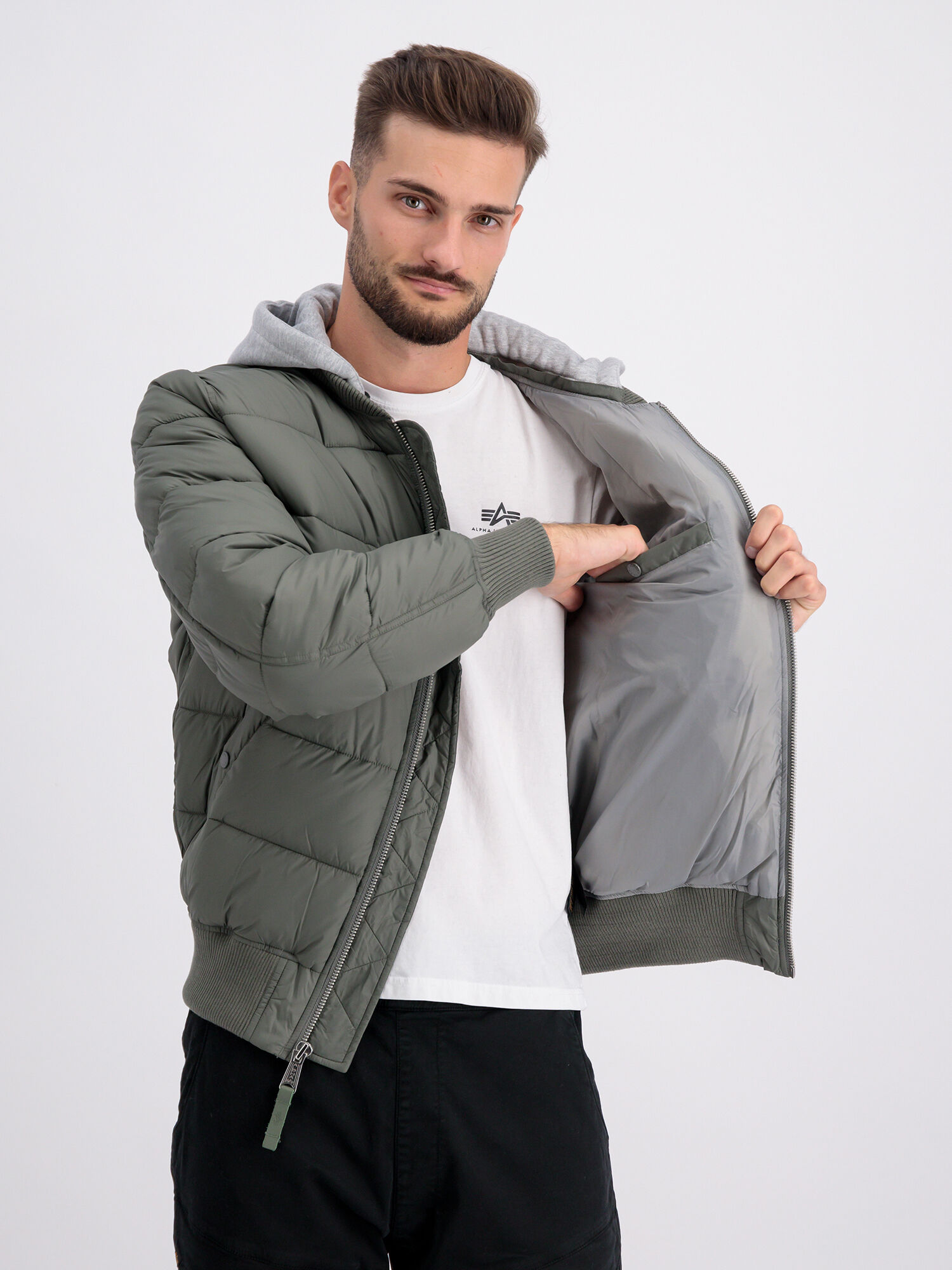 MA-1 Puffer Faux Down Zip Hood Bomber Jacket vintage green 118108_432_alpha_industries_ma_1_zh_puffer_fd_002_124204