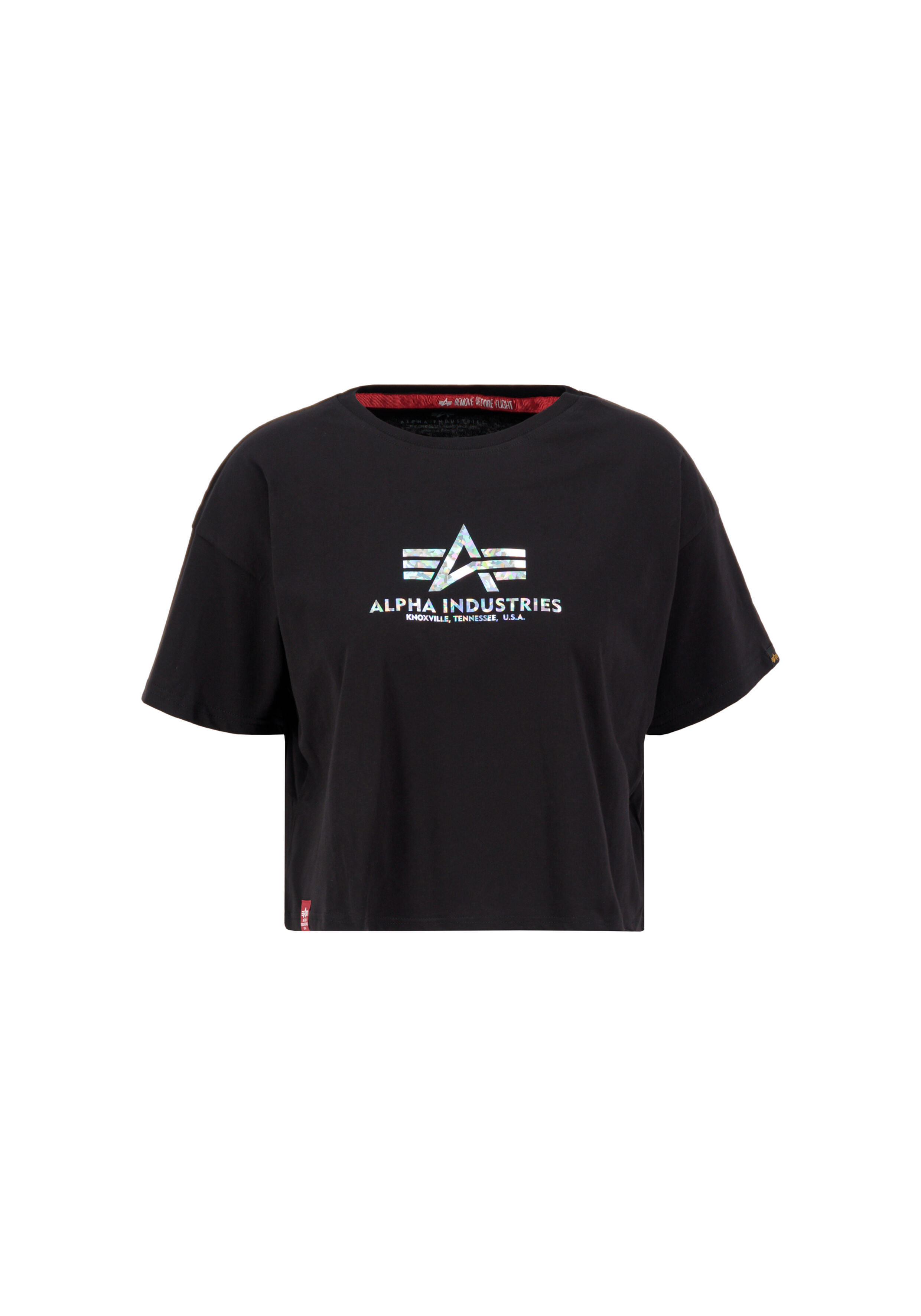Basic Cropped Oversize Holo Print T-Shirt Women black/silver crystal 116050HP_601_001_123496.jpg